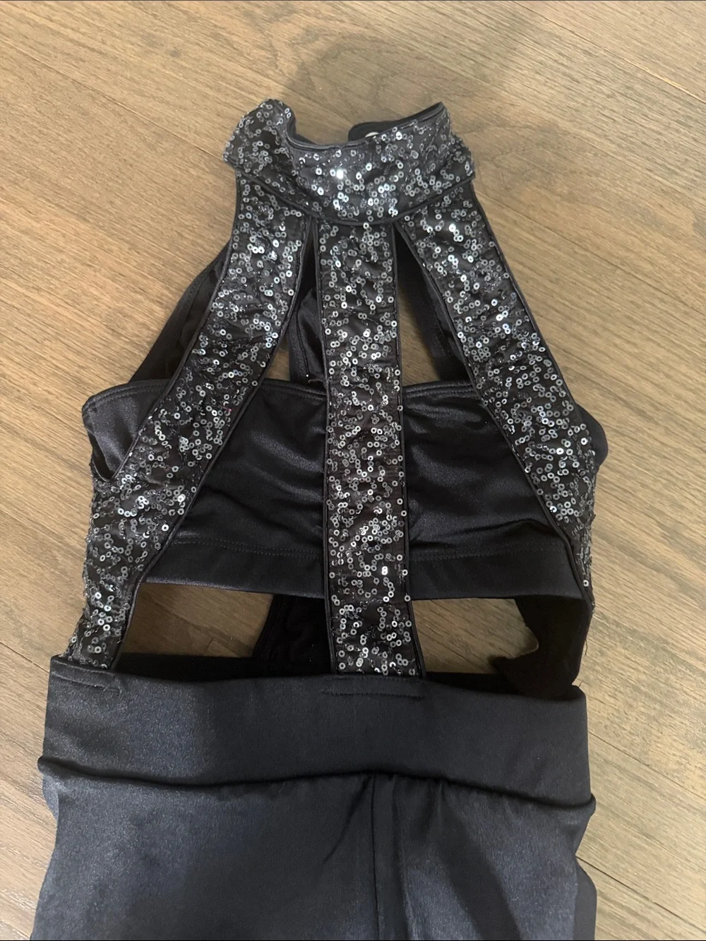 Girls' Black Halter Cutout Dance Jumpsuit with Sparkle Trim